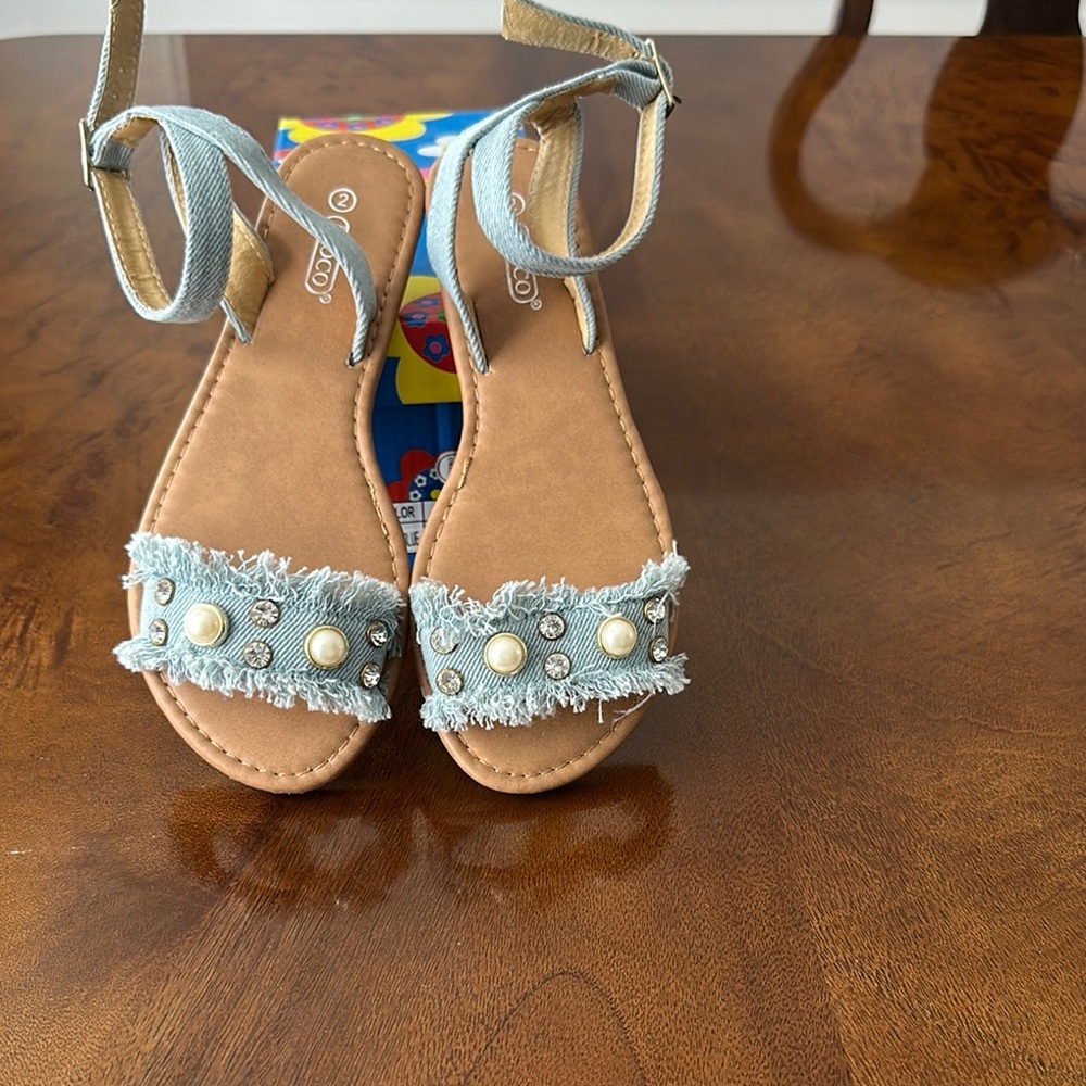 Denim Blue and Tan Sandals with Ankle Strap and Embellishments